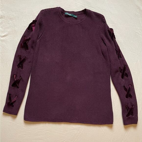Lauren Ralph Lauren Burgundy Sweater with Velvet Ribbon Details Size Large - Picture 1 of 9